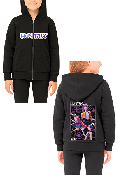 MECH BUTİK K-Pop Demon Hunters Печатно черно унисекс суитшърт с качулка и цип