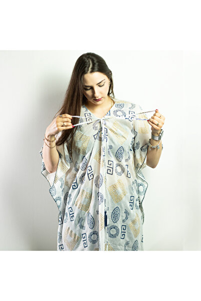 Ancient wisdom Kaftan - Gold and Blue with Greek Motif - Hand Painted