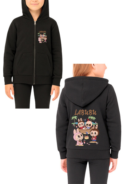 MECH BUTİK سترة كارديجان بسحاب أسود مطبوع عليها Labubu للفتيات