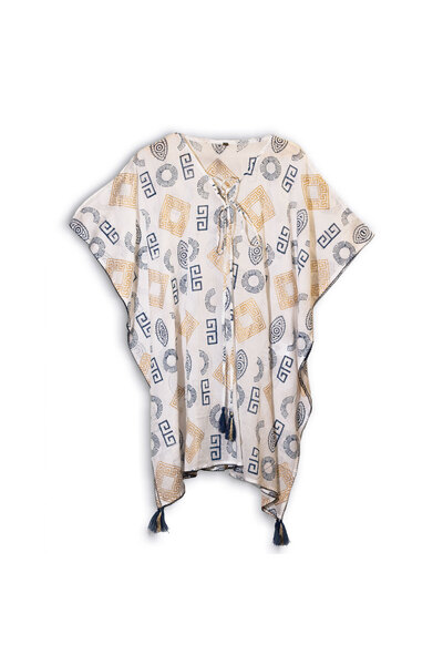 Ancient wisdom Kaftan - Gold and Blue with Greek Motif - Hand Painted