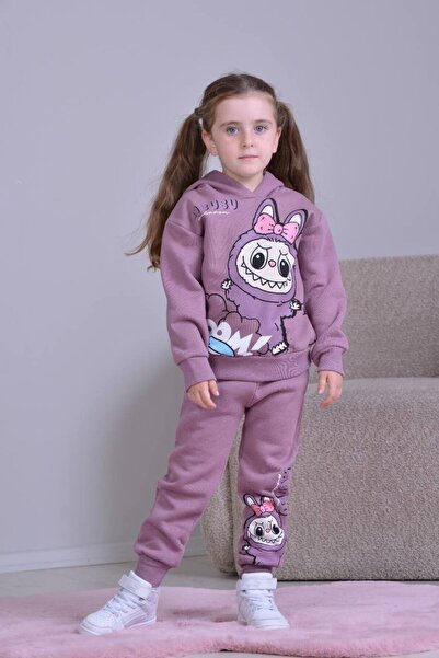 ARBİ kids Kız çocuk labubu üç iplik şardonlu kapşonlu ikili takım