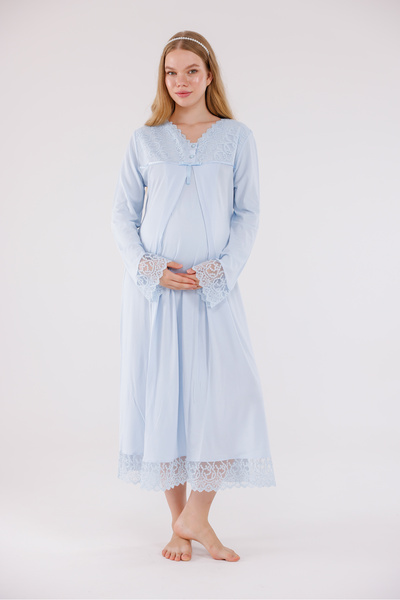 Yulem Homewear قميص نوم للحوامل بتصميم دانتيل خاص باللون الأزرق مع ميزة الرضا...