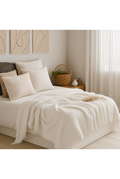 Tasarım Hb&Victory Muslin Bedspread 100% Cotton 4 Layers White Color Double Size 240X230 Cm.