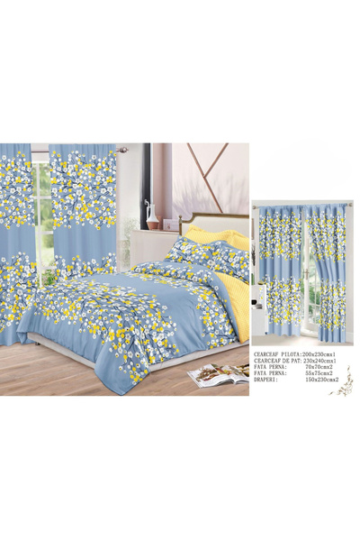 FIONNA.RO Finet Cotton Linen And Curtain Set - Blue With Small Flowers
