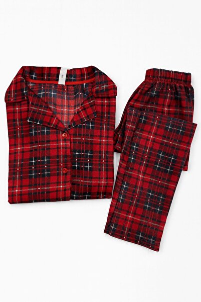 ECEM LUXE Ekoseli Önden Düğmeli Gömlek Yaka Kırmızı Süet Pijama Takımı
