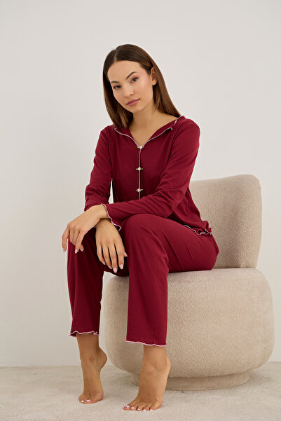 Siyah İnci Set pijama cu mâneci lungi cu accesorii trandafir burgundy 7939