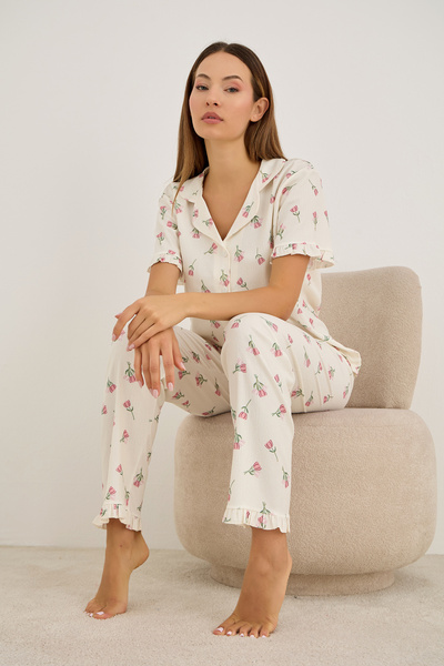 Siyah İnci Ecru Tulip Patterned Bürümcük-Krınkıl Short Sleeve Buttoned Pajama Set 7930