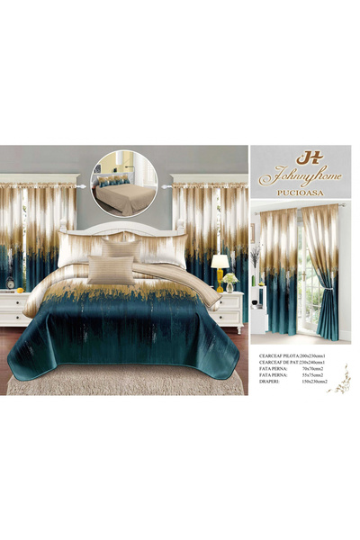 FIONNA.RO Fine Cotton Linen And Curtain Set - Blue Gold Gradient