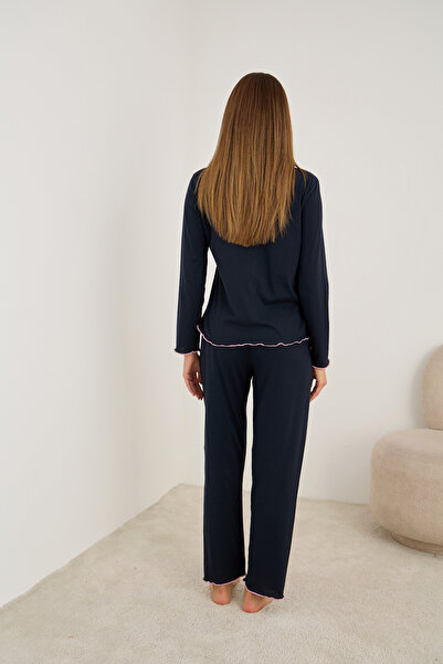 Siyah İnci lacivert Gül Aksesuarlı Uzun Kollu Pijama Takım 7939