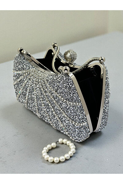 Wedding Fashion Geantă pentru rochie de seară pentru femei, de culoare argintie, complet cu pietre