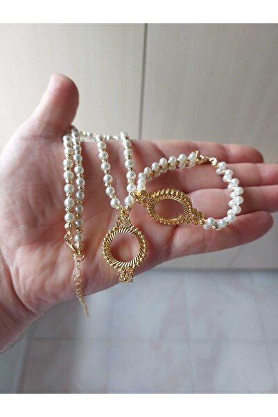 GEZERGOLD TAKI çeyrek kolye bileklik incili dorikalı set 60cm