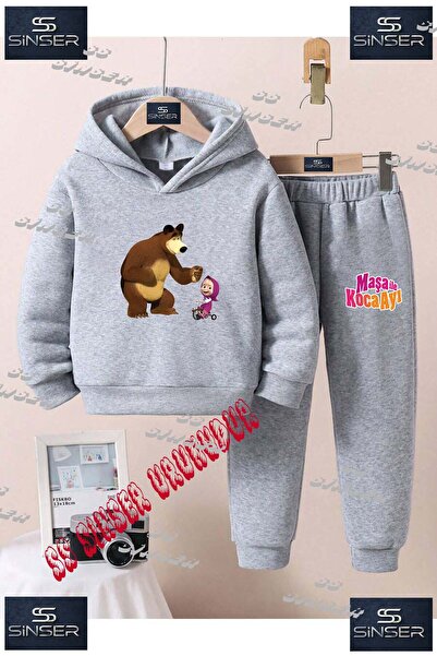 SS SİNSER Çocuk Unısex "MASA KOCA AYI BISIKLETLI" Özel Baskılı Kapşolu Eşofman Takımı