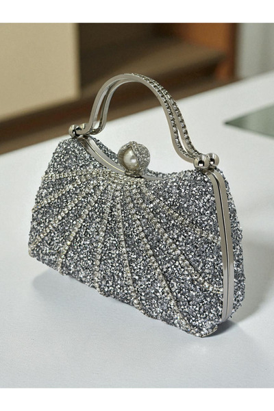 Wedding Fashion Geantă pentru rochie de seară pentru femei, de culoare argintie, complet cu pietre