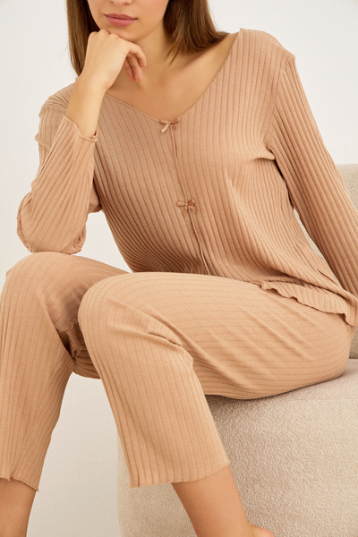 Siyah İnci Mink Bow-Embellished Corduroy Long-Sleeve Pajama Set 7937