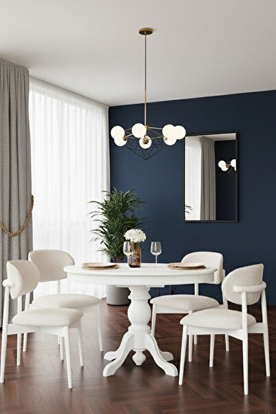 Woodenbend Kraunt Beyaz Yuvarlak Ahşap Açılır Masa Takımı 100x100 cm – 4 Beya...