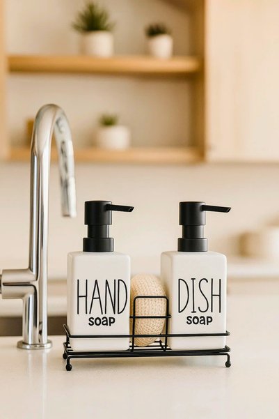 Woodcept. 2-Piece Square Porcelain Liquid Soap Dispenser Kitchen Set with Metal Stand and Sponge, Hand and Dish Fenomen Set 400 ml