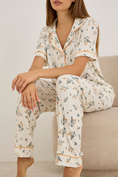 Siyah İnci Ecru Leaf-Patterned Bürümcük-Krınkıl Short Sleeve Buttoned Piping Pajama Set 7930