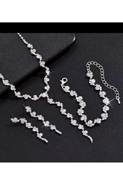 Hepimizin Sparkling Elegance 3-Piece Stone Jewelry Set – Necklace, Earrings, Bracelet |   Wedding & Special Occasion Chic