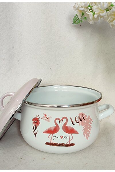 EBRULİEMAYE Flamingo Enamel Pot Large Size 5 Liters 24cm Diameter Milk Yogurt Soup Jam Canned Paste Pot