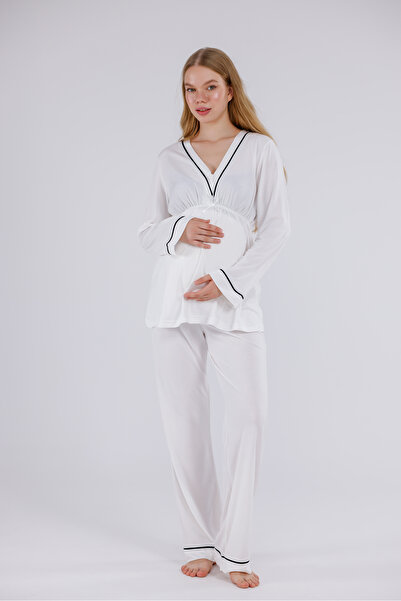 Yulem Homewear Ekru Biyeli Uzun Kollu Pamuklu Lohusa Hamile Pijama Takım