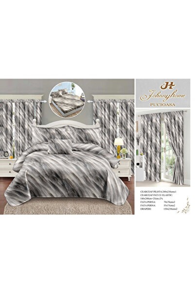 FIONNA.RO Set Lenjerie Si Draperii Bumbac Tip Finet Cu Elastic - Gri Abstract