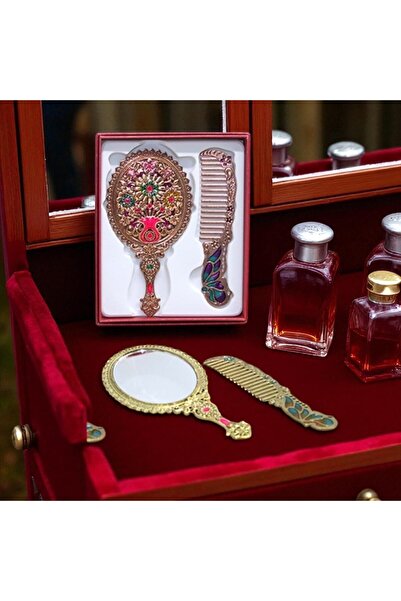 Kuzey Tacı Antik Tarz Çiçek Desenli Ayna & Tarak Seti Küçük Boy Özel Üretim Vip