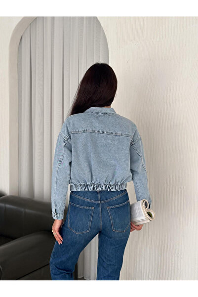 jöns since 1997 Jachetă de blugi scurtă albastru deschis pentru femei, cu fermoar în partea de jos, elastică