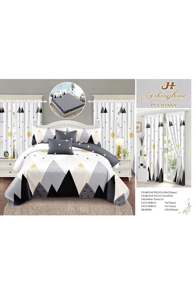 FIONNA.RO Set Lenjerie Si Draperii Bumbac Tip Finet Cu Elastic - Triunghiuri ...