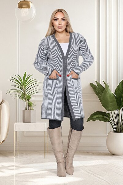 İmran Triko Knee Length Beard (Soft) Yarn Jacket - Two-Pocket Knitwear Sweater New Season Elegance