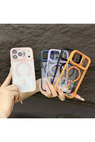 m.tk moveteck iPhone 17 Pro Kılıf Standlı Mika Magsafe Hassas Buton Metal Tuşlu + Kamera Lens Cam Hediyeli Set