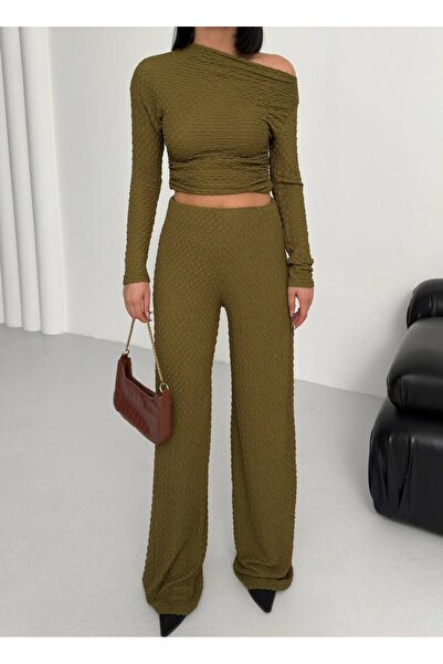 alenmoda Women's New Season Long Sleeve Boat Neck Top and Bottom Blouse-Pants Set