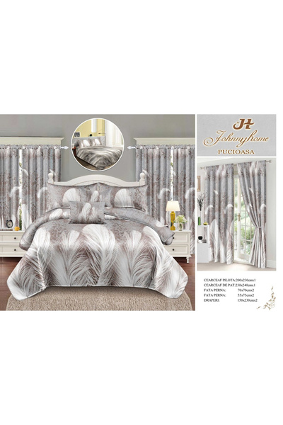 FIONNA.RO Fine Cotton Linen And Curtain Set - Grey With Feathers