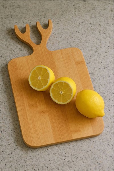 Bycomo Rectangular Wooden Bamboo Cutting Board - Chopping Board with Deer Antler Figure Handle 20 X 38 cm