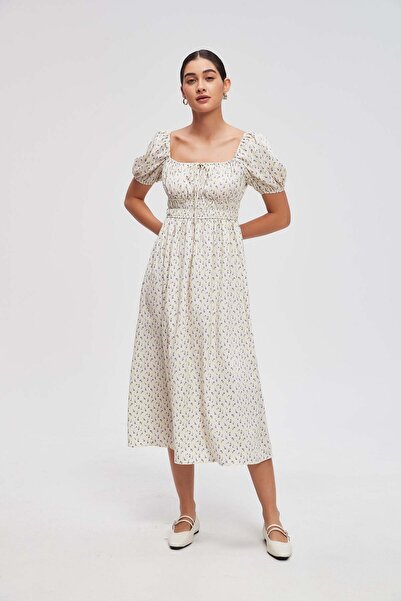 Livia فستان نسائي متوسط ​​الطول مطرز بأكمام مكشوفة الكتفين