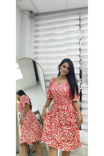 ÇELEBİ STYLE Square Neck Watermelon Sleeve Gipeli Floral Patterned Summer Dress