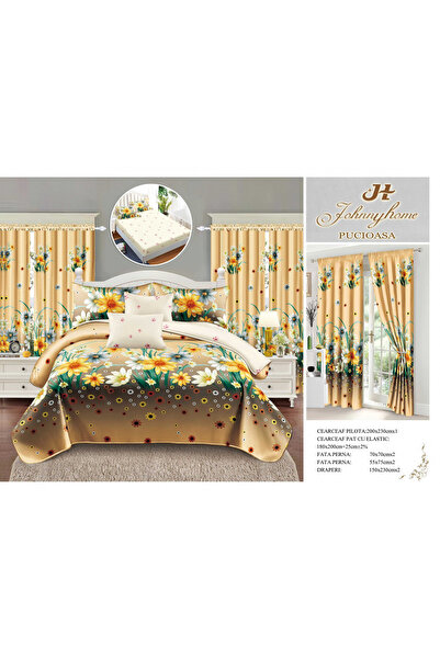 FIONNA.RO Set Lenjerie Si Draperii Bumbac Tip Finet Cu Elastic - Gradina Florala