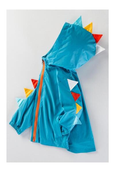 Magu Boy's Blue Dinosaur Patterned Hooded Raincoat Coat
