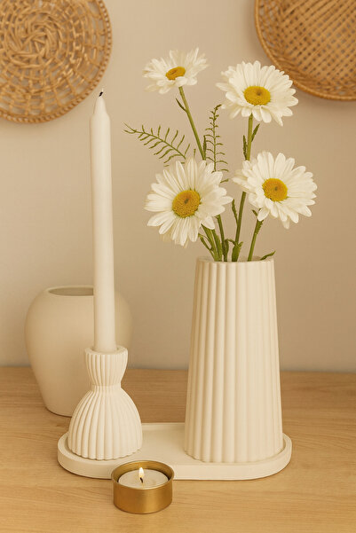 LalezarHome Dekoratif Vazo ve Şamdan Seti tabaklı– Çiçek ve Uzun Mumluklu Minimalist Tasarım