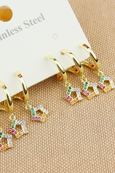 Keyifli Hayaller Çelik Vip Küpe - Renkli Taşlı Yıldız 3lü Kombin Birleşik Çivi Model Kararmaz Solmaz 2cm