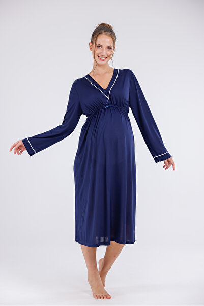 Yulem Homewear Lacivert Biyeli Uzun Kollu Pamuklu Lohusa Hamile Gecelik