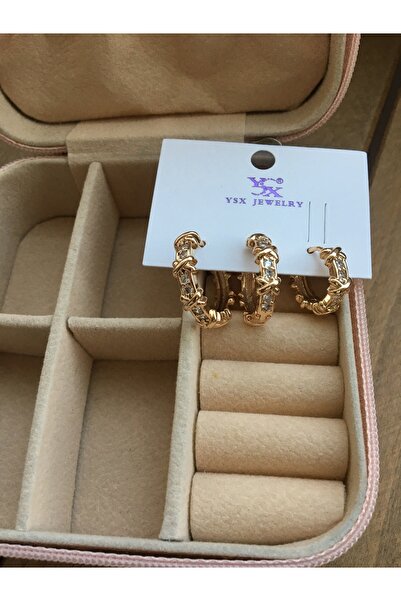 GUNESTAKI Gold 3lü Xoxo Taşlı Halka Model Çelik Küpe