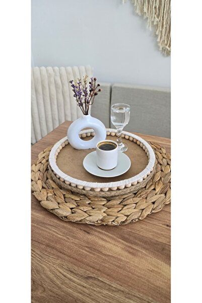 MUJA DEC صينية عرض مصنوعة يدويًا من الخرز الخشبي الطبيعي - 25 سم - منظم لمستح...