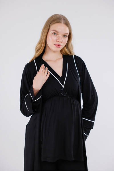 Yulem Homewear Μαύρο με ρέλι σχέδια από βαμβακερό μακρυμάνικο σετ πιτζάμες 3 ...