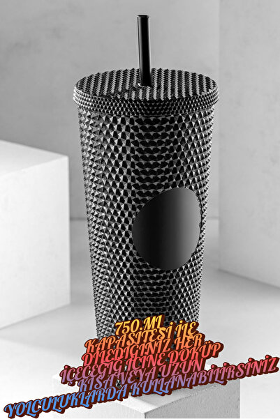 Olomo 750 ml Kapaklı ve Pipetli Soğuk İçecek Bardağı – siyah Kristal Desenli ...