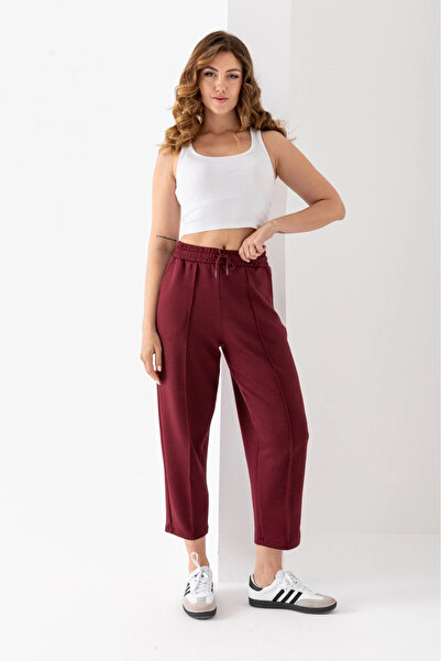 PHANTOM JEANS Women's Burgundy Color Elastic Waist Modal Fabric Striped Ankle Pants Soft Textured Stylish Lace-Up Trousers