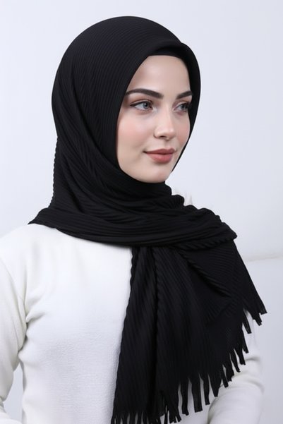 Ramellia Black Pleated Shawl No Ironing Required, Ready-To-Wear Shawl Standard Size, Texture That Maintains the Shape Pleated Shawl