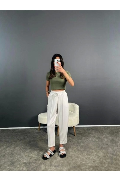 PHANTOM JEANS Kadın Beyaz Renk Beli Lastikli Modal Kumaş Çımalı Bilek Pantolon Yumuşak Dokulu Şık Bağcıklı Pantolo