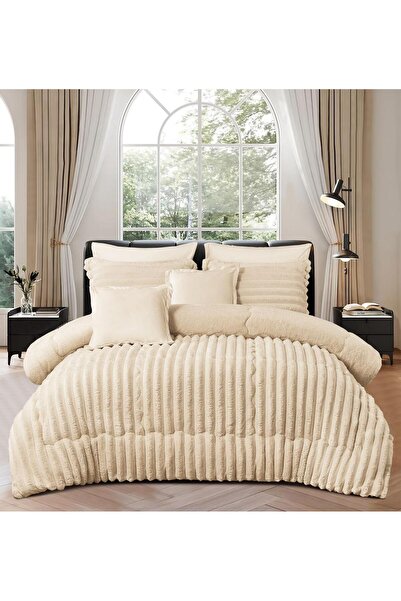 Moon مفرش شتوي نفرين مقلم مخمل على فرو طقم 6 قطع