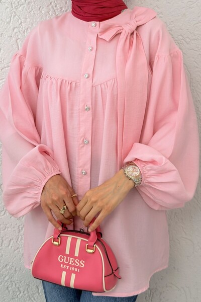 HİJABAYA Λινό τουνίκ με λεπτομέρεια φιόγκου στο λαιμό, ελαστικό μανίκι και κουμπιά