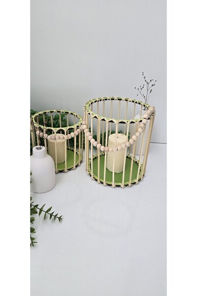 MUJA DEC Doğal El İşçiliği Bambu Fener Sepet,Mumluk,Saksı 2li 25ve15cm
